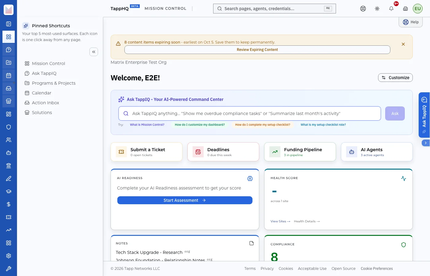 TappHQ Mission Control dashboard showing pinned shortcuts, Ask TappIQ, funding pipeline, compliance and AI readiness