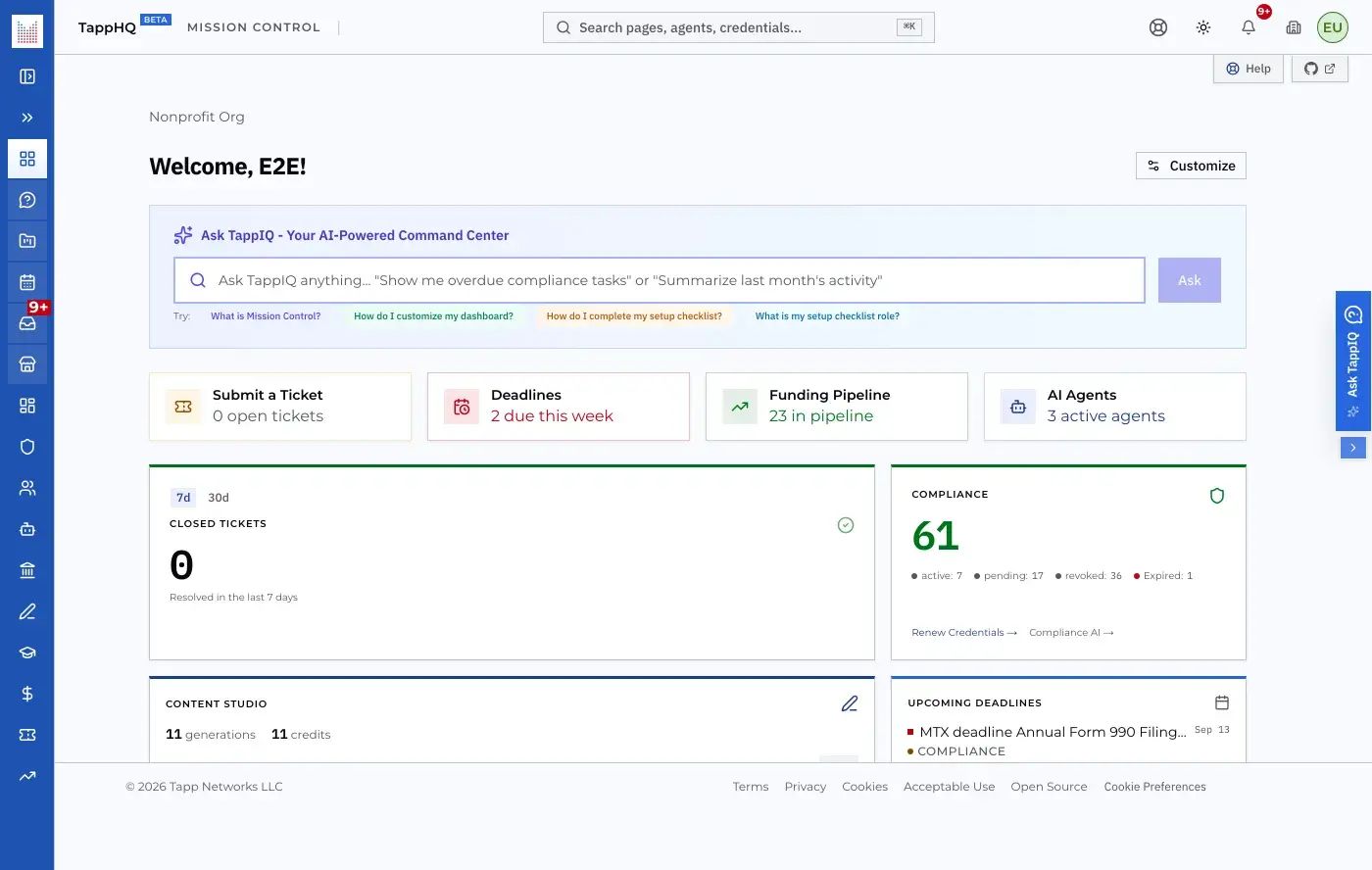 TappHQ Mission Control dashboard